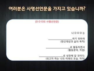 [O O O의 사명선언문]



                           나OOO는

         ________________________하기 위하여
                     (헌신대상과 삶의 목적)

       ________________________로 활동하면서
                             (활동분야, 직업)

  ________________________로 성장해 갈 것이다.
         (되고자 하는 나의 미래의 모습, 자아)
 