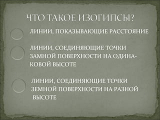 ЛИНИИ, ПОКАЗЫВАЮЩИЕ РАССТОЯНИЕ

ЛИНИИ, СОЕДИНЯЮЩИЕ ТОЧКИ
ЗАМНОЙ ПОВЕРХНОСТИ НА ОДИНА-
КОВОЙ ВЫСОТЕ

ЛИНИИ, СОЕДИНЯЮЩИЕ ТОЧКИ
ЗЕМНОЙ ПОВЕРХНОСТИ НА РАЗНОЙ
ВЫСОТЕ
 