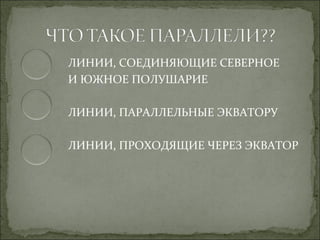 ЛИНИИ, СОЕДИНЯЮЩИЕ СЕВЕРНОЕ
И ЮЖНОЕ ПОЛУШАРИЕ

ЛИНИИ, ПАРАЛЛЕЛЬНЫЕ ЭКВАТОРУ

ЛИНИИ, ПРОХОДЯЩИЕ ЧЕРЕЗ ЭКВАТОР
 