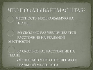 МЕСТНОСТЬ, ИЗОБРАЖАЕМУЮ НА
   ПЛАНЕ

    ВО СКОЛЬКО РАЗ УВЕЛИЧИВАЕТСЯ
    РАССТОЯНИЕ НА РЕАЛЬНОЙ
МЕСТНОСТИ

   ВО СКОЛЬКО РАЗ РАССТОЯНИЕ НА
ПЛАНЕ
   УМЕНЬШАЕТСЯ ПО ОТНОШЕНИЮ К
    РЕАЛЬНОЙ МЕСТНОСТИ
 