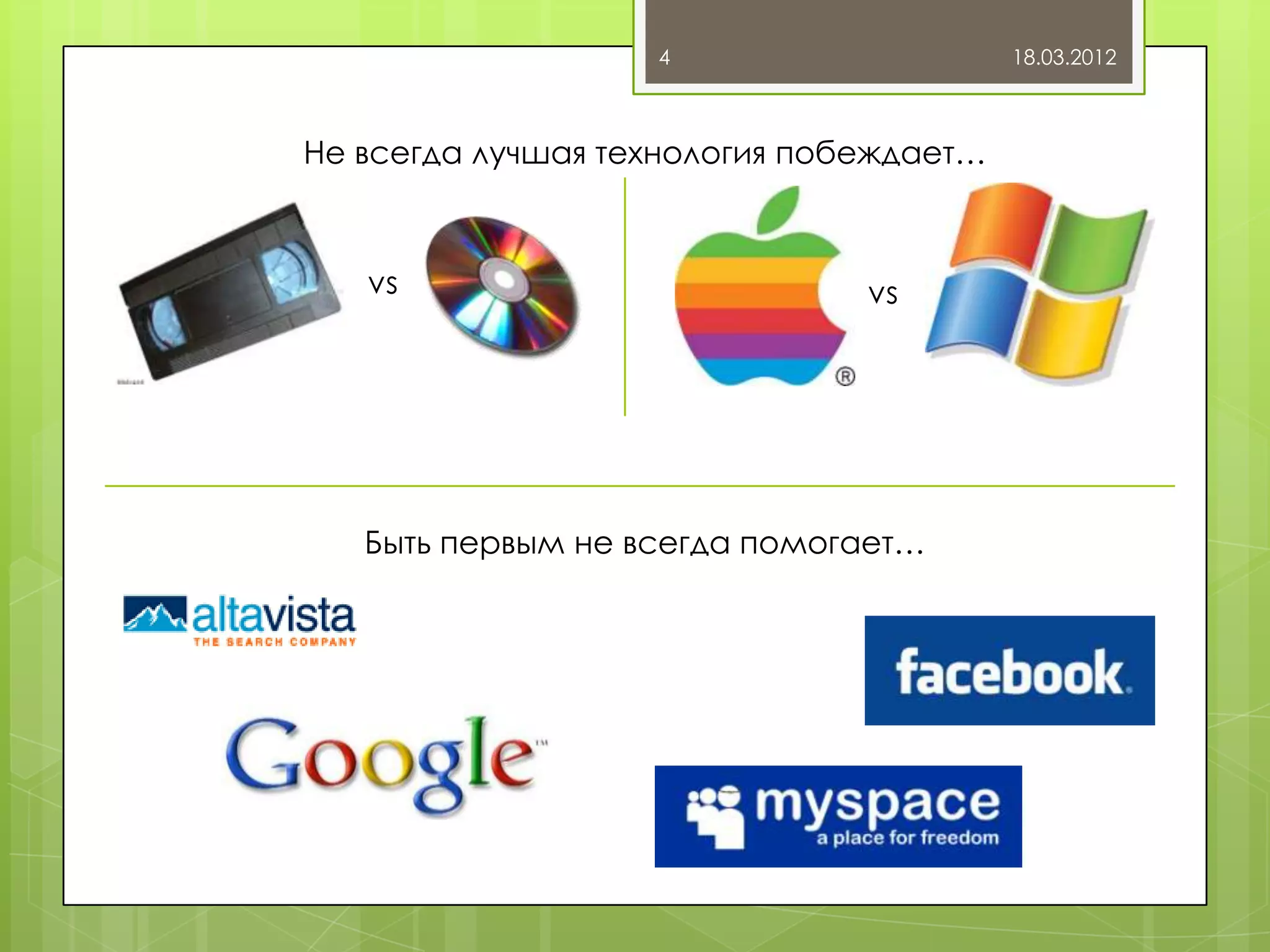 4                     18.03.2012



Не всегда лучшая технология побеждает…



   vs                          vs




   Быть первым не всегда помогает…
 
