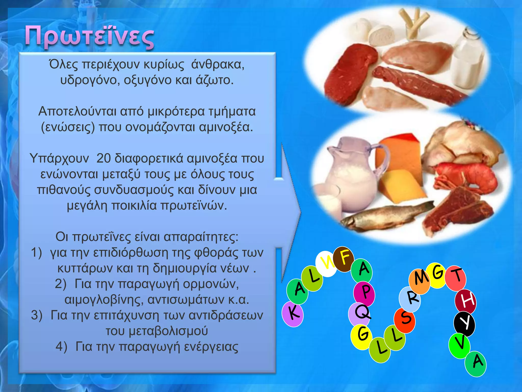 Όιεο πεξηέρνπλ θπξίσο άλζξαθα,
    πδξνγόλν, νμπγόλν θαη άδσην.

 Απνηεινύληαη από κηθξόηεξα ηκήκαηα
 (ελώζεηο) πνπ νλνκάδνληαη ακηλνμέα.

Υπάξρνπλ 20 δηαθνξεηηθά ακηλνμέα πνπ
 ελώλνληαη κεηαμύ ηνπο κε όινπο ηνπο
 πηζαλνύο ζπλδπαζκνύο θαη δίλνπλ κηα
     κεγάιε πνηθηιία πξσηετλώλ.

    Οη πξσηεΐλεο είλαη απαξαίηεηεο:
1) γηα ηελ επηδηόξζσζε ηεο θζνξάο ησλ
    θπηηάξσλ θαη ηε δεκηνπξγία λέσλ .
    2) Γηα ηελ παξαγσγή νξκνλώλ,
      αηκνγινβίλεο, αληηζσκάησλ θ.α.
3) Γηα ηελ επηηάρπλζε ησλ αληηδξάζεσλ
             ηνπ κεηαβνιηζκνύ
    4) Γηα ηελ παξαγσγή ελέξγεηαο
 