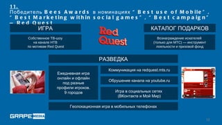 11.
Победитель B e e s A w a r d s в номинациях “ B e s t u s e o f M o b i l e ” ,
“ B e s t M a r k e t in g w it h in s o c ia l g a m e s ” , “ B e s t c a m p a ig n ”
— Re d Que s t
            ИГРА                                                     КАТАЛОГ ПОДАРКОВ
       Собственное ТВ-шоу                                               Вознаграждение искателей
          на канале НТВ                                               (только для МТС) — инструмент
       по мотивам Red Quest                                             лояльности и призовой фонд


                                           РАЗВЕДКА
                                                Коммуникация на redquest.mts.ru
                       Ежедневная игра
                       онлайн и офлайн
                                                Обрушение канала на youtube.ru
                          под разные
                       профили игроков.
                           9 городов               Игра в социальных сетях
                                                    (ВКонтакте и Мой Мир)

                              Геолокационная игра в мобильных телефонах


                                                                                                  12
 