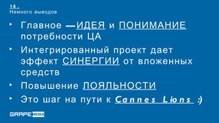 14 .
Немного выводов

‣ Главное — ИДЕЯ и ПОНИМАНИЕ
  потребности ЦА
‣ Интегрированный проект дает
  эффект СИНЕРГИИ от вложенных
  средств
‣ Повышение ЛОЯЛЬНОСТИ
‣ Это шаг на пути к C a n n e s L io n s :)
 