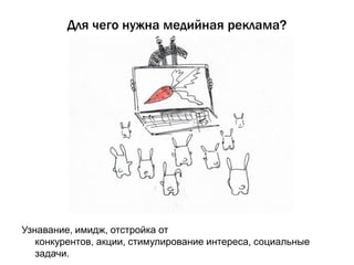 Для чего нужна медийная реклама?




Узнавание, имидж, отстройка от
   конкурентов, акции, стимулирование интереса, социальные
   задачи.
 