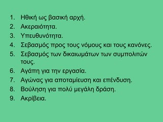 1.   Ηθική ως βασική αρχή.
2.   Ακεραιότητα.
3.   Υπευθυνότητα.
4.   Σεβασμός προς τους νόμους και τους κανόνες.
5.   Σεβασμός των δικαιωμάτων των συμπολιτών
     τους.
6.   Αγάπη για την εργασία.
7.   Αγώνας για αποταμίευση και επένδυση.
8.   Βούληση για πολύ μεγάλη δράση.
9.   Ακρίβεια.
 