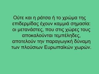 Ούτε και η ράτσα ή το χρώμα της
επιδερμίδας έχουν καμμιά σημασία:
 οι μετανάστες, που στις χώρες τους
      αποκαλούνται τεμπέληδες,
αποτελούν την παραγωγική δύναμη
των πλούσιων Ευρωπαϊκών χωρών.
 