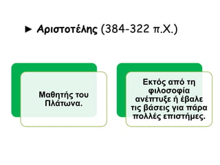 ► Αριστοτέλης (384-322 π.Χ.)
Μαθητής του Πλάτωνα.
Εκτός από τη φιλοσοφία
ανέπτυξε ή έβαλε τις
βάσεις για πάρα πολλές
επιστήμες.
 
