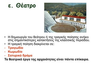 ε. Θέατρο
• Η δημιουργία του θεάτρου ή της τραγικής ποίησης ανήκει
στις σημαντικότερες κατακτήσεις της κλασσικής περιόδου.
• Η τραγική ποίηση διακρίνεται σε:
- Τραγωδία
- Κωμωδία
- Σατυρικό δράμα
Τα θεατρικά έργα της αρχαιότητας είναι πάντα επίκαιρα.
 