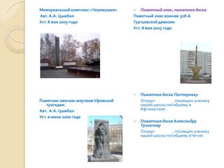 Мемориальный комплекс «Черемушки»      Памятный знак, памятная доска.
Авт. А.А. Цымбал                    Памятный знак воинам 308-й
Уст. 8 мая 2005 года                Гуртьевской дивизии
                                    Уст. 8 мая 2005 года




                                       Памятная доска Пастернаку
Памятник омичам-жертвам Уфимской        Открыт         , посвящен ученику
    трагедии.                           нашей школы погибшему в
Авт. А.А. Цымбал                        Афганистане.
Уст. в июне 2000 года
                                       Памятная доска Александру
                                        Трикачову
                                        Открыт         , посвящен ученику
                                        нашей школы погибшему в Чечне.
 