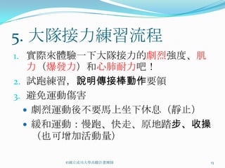 5. 大隊接力練習流程
1. 實際來體驗一下大隊接力的劇烈強度、肌
   力（爆發力）和心肺耐力吧！
2. 試跑練習，說明傳接棒動作要領
3. 避免運動傷害
   劇烈運動後不要馬上坐下休息（靜止）
   緩和運動：慢跑、快走、原地踏步、收操
    （也可增加活動量）

     ©國立成功大學高瞻計畫團隊      13
 