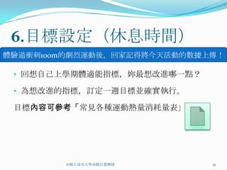 6.目標設定（休息時間）
體驗過衝刺100m的劇烈運動後，回家記得將今天活動的數據上傳！

 • 回想自己上學期體適能指標，妳最想改進哪一點？

 • 為想改進的指標，訂定一週目標並確實執行。

 目標內容可參考「常見各種運動熱量消耗量表」




        ©國立成功大學高瞻計畫團隊        15
 