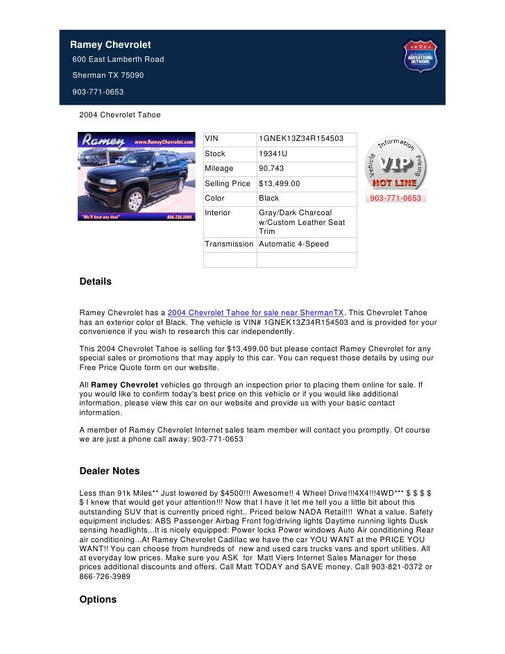 Ramey Chevrolet Sherman Tx >> Used 2004 Chevrolet Tahoe For Sale In Sherman Tx Ramey Chevrolet Sherman Tx >> Used 2004 Chevrolet Tahoe For Sale In Sherman Tx