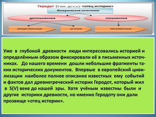 Уже в глубокой древности люди интересовались историей и
определённым образом фиксировали её в письменных источ-
никах. До нашего времени дошли небольшие фрагменты та-
ких исторических документов. Впервые в европейский циви-
лизации наиболее полное описание известных ему событий
и фактов дал древнегреческий историк Геродот, который жил
в 5(V) веке до нашей эры. Хотя учёным известны были и
другие историки древности, но именно Геродоту они дали
прозвище «отец истории».
 