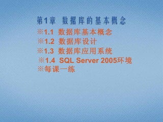 ※1.1 数据库基本概念
※1.2 数据库设计
※1.3 数据库应用系统
※1.4 SQL Server 2005环境
※每课一练
 