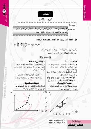 ‫انؼجهح ‪a‬‬
                                   ‫=‪a‬‬              ‫2‪m/s‬‬

                                                                             ‫تعريف‬
      ‫٘ٝ اٌّ٦لي اٌيِٕٝ ٌٍزغ١و فٝ ٍو٥خ اٌغَُ أٚ ٘ٝ ِملاه اٌزغ١و‬
                              ‫فٝ ٍو٥خ اٌغَُ فٝ ىِٓ للهٖ صبٔ١خ ٚاؽلح .‬




    ‫=‪a‬‬     ‫=‬              ‫وّ١خ ِزغٙخ‬

                                       ‫ٚ٠ٍيَ ٌز٦و٠فٙب ر٦و٠فً ربًِ ِ٦وفخ اٌّملاه ٚاالرغبٖ .‬
                                                                ‫ب ب‬
                                                   ‫ٚؽلح ل١بً اٌ٦غٍخ : ٘ٝ َ/س2 = 2‪m/s‬‬
                                       ‫أنواع العجمة‬
                     ‫عذًة غري َٓتعُة :‬                               ‫عذًة َٓتعُة :‬
      ‫٘ٝ اٌ٦غٍخ اٌزٝ ٠زؾون ثٙب اٌغَُ ٥ٕلِب‬      ‫٘ٝ اٌ٦غٍخ اٌزٝ ٠زؾون ثٙب اٌغَُ ٥ٕلِب‬
    ‫رزغ١و ف١ٙب ٍو٥زٗ ثّمبك٠و غ١و ِزَبٚ٠خ فٝ‬       ‫رغ١و ف١ٙب ٍو٥زٗ ثّمبك٠و ِزَبٚ٠خ فٝ‬
                            ‫أىِٕخ ِزَبٚ٠خ .‬                             ‫أىِٕخ ِزَبٚ٠خ.‬
                                             ‫اٌ٦غٍخ إٌّز٢ّخ اِب أْ رىْٛ ٥غٍخ ريا٠ل٠خ‬
    ‫أ) اٌ٦غٍخ اٌزيا٠ل٠خ رىْٛ اّبهرٙب )+(‬                       ‫أٚ رمٖ١و٠خ (رٕبلٖ١خ) .‬
     ‫ة) اٌ٦غٍخ اٌزٕبلٖ١خ رْٛ اّبهرٙب )-(‬      ‫أ) اٌ٦غٍخ اٌزيا٠ل٠خ رىْٛ اّبهرٙب )+(‬
                                               ‫ة) اٌ٦غٍخ اٌزٕبلٖ١خ رْٛ اّبهرٙب )-(‬
                 ‫ايعذًة ايتٓاقصٝة :‬                         ‫ايعذًة ايتصاٜدٜة :‬
    ‫رؾلس ٥ٕلِبريكاك ٍو٥خ اٌغَُ ثبٍزّواه رؾلس ٥ٕلِب رزٕبلٔ ٍو٥خ اٌغَُ ثّوٚه‬
                ‫اٌيِٓ أٜ ٥ٕلِب رىْٛ ‪V0>Vt‬‬                        ‫أٜ ٥ٕلِب رىْٛ 0‪vt>V‬‬
                                             ‫2‬
‫‪V‬‬                                        ‫‪(m/s ) V‬‬

                                              ‫52‬
                                              ‫02‬                      ‫‪V‬‬
                      ‫‪V‬‬
                                              ‫51‬               ‫‪t‬‬
                 ‫‪t‬‬
                                    ‫01 )‪t (s‬‬                                          ‫)‪t (s‬‬
                                              ‫5‬           ‫6 5 4 3 2 1‬


                                           ‫12‬
 