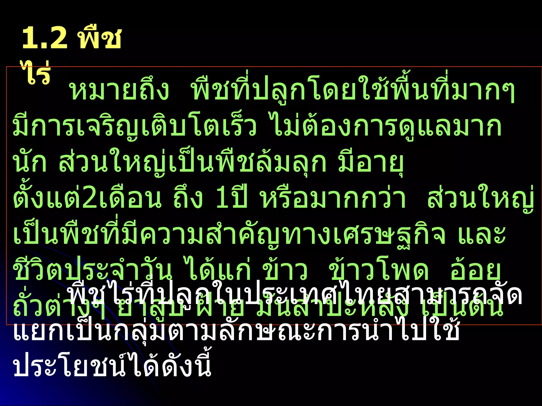 1.2 พืช
 ไร่
      หมายถึง พืชที่ปลูกโดยใช้พื้นที่มากๆ
มีการเจริญเติบโตเร็ว ไม่ต้องการดูแลมาก
นัก ส่วนใหญ่เป็นพืชล้มลุก มีอายุ
ตั้งแต่2เดือน ถึง 1ปี หรือมากกว่า ส่วนใหญ่
เป็นพืชที่มีความสำาคัญทางเศรษฐกิจ และ
ชีวตประจำาวัน ได้แก่ ข้าว ข้าวโพด อ้อย
    ิ
      พืชไร่ทปลูกในประเทศไทยสามารถจัด
             ี่ บ ฝ้าย มันสำาปะหลัง เป็นต้น
ถั่วต่างๆ ยาสู
แยกเป็นกลุ่มตามลักษณะการนำาไปใช้
ประโยชน์ได้ดังนี้
 