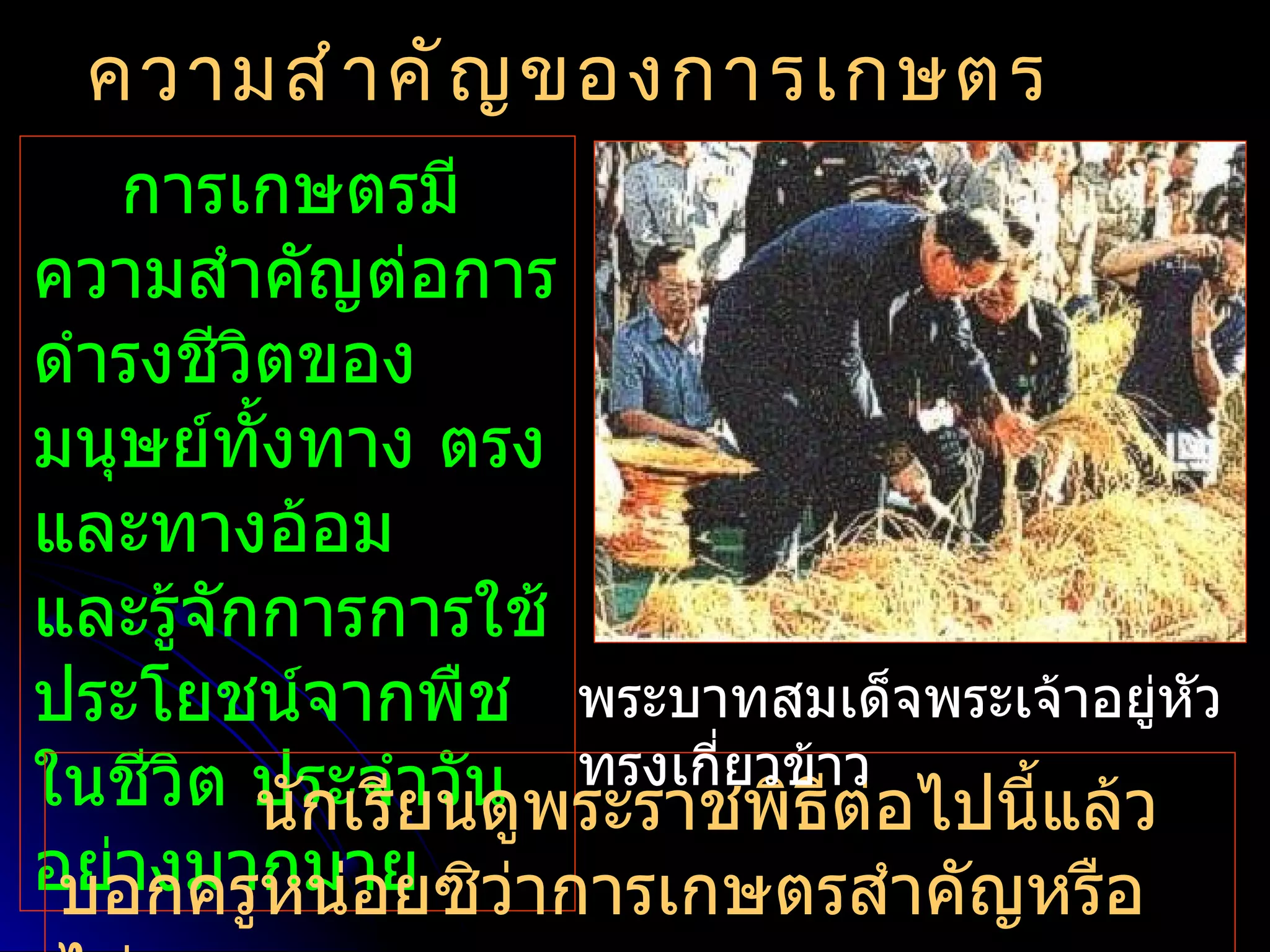 ความสำ า คั ญ ของการเกษตร
   การเกษตรมี
ความสำาคัญต่อการ
ดำารงชีวตของ
         ิ
มนุษย์ทั้งทาง ตรง
และทางอ้อม
และรู้จักการการใช้
ประโยชน์จากพืช พระบาทสมเด็จพระเจ้าอยู่หัว
ในชีวต ประจำยวัน พระราชพิธาีต่อไปนี้แล้ว
      ิ นักเรีา นดู ทรงเกี่ยวข้ ว
อย่างมากมาย วาการเกษตรสำาคัญหรือ
 บอกครูหน่อยซิ ่
 