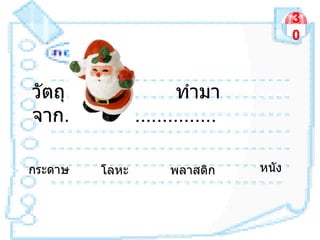 3
                                         0



วัตถุ                   ทำำมำ
จำก............................

กระดำษ     โลหะ       พลำสติก     หนัง
 