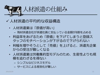  人材派遣の平均的な収益構造
   • 人材派遣業は「原価が高い」
            – 残材派遣会社が派遣社員に支払っている金額が8割を占める
   • 利益率をあげるため「原価」を下げてしまうと登録ス
     タッフのモチベーションが下がるので下げられない
   • 利幅を増やそうとして「売値」を上げると、派遣先企業
     からの受注が難しくなる
   • 人材派遣業は労働集約型モデルのため、生産性よりも規
     模を追わざるを得ない
            – シンプルなビジネスモデル
            – サービスによる差別化が難しい
2012/5/20                                   22
 