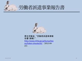 厚生労働省．“労働者派遣事業報
            告書（確報）”．
            http://www.mhlw.go.jp/bunya/koy
            ou/haken-shoukai16/，（2012-04-
            23）．




2012/5/20                                     33
 