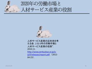 人材サービス産業の近未来を考
            える会．2 02 0年の労働市場と
            人材サービス産業の役割”．
            2010.11.
            http://www.zenkyukyo.or.jp/a-
            jij/f/releases/report.pdf，（2012-
            04-23）．


2012/5/20                                      35
 