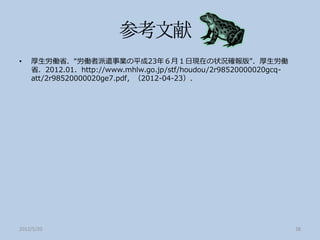 •   厚生労働省．“労働者派遣事業の平成23年６月１日現在の状況確報版”．厚生労働
    省．2012.01．http://www.mhlw.go.jp/stf/houdou/2r98520000020gcq-
    att/2r98520000020ge7.pdf，（2012-04-23）．




2012/5/20                                                          38
 