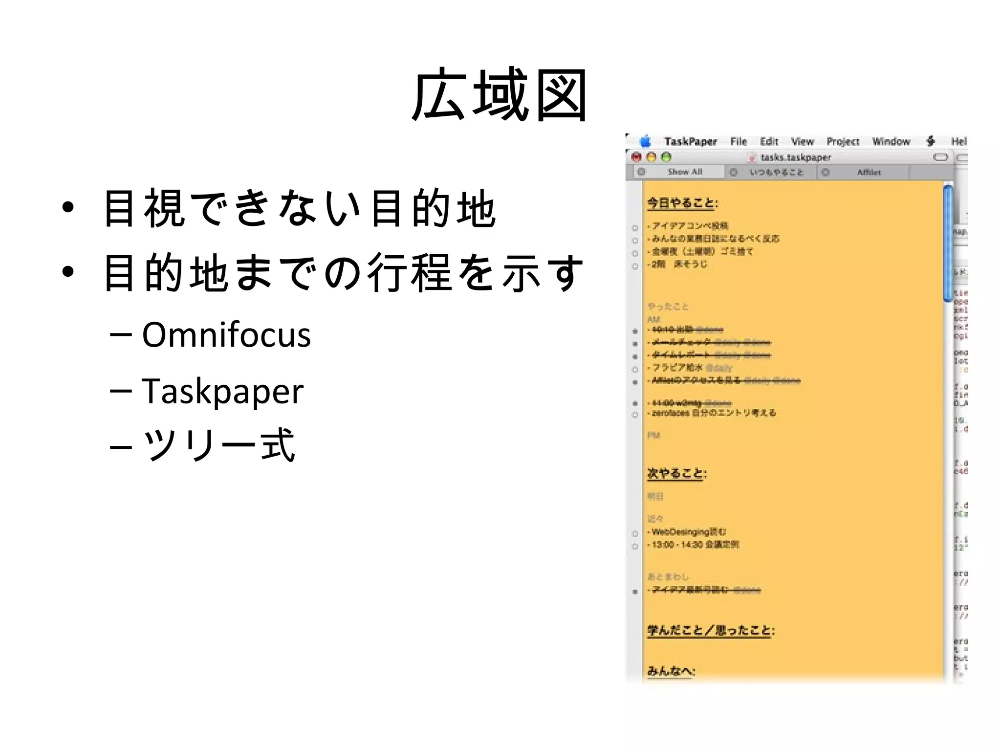 広域図
• 目視できない目的地
• 目的地までの行程を示す
 – Omnifocus
 – Taskpaper
 – ツリー式
 
