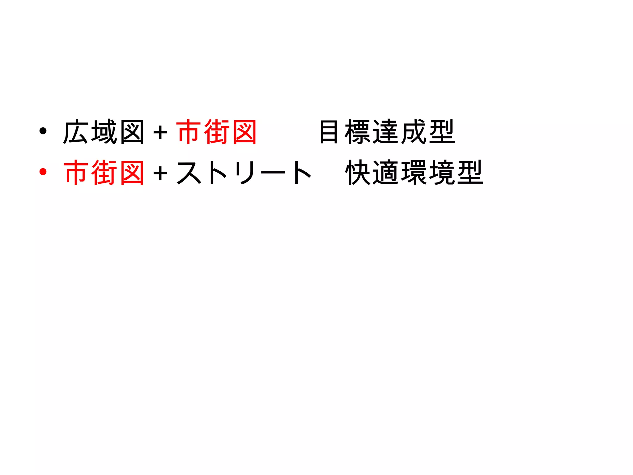 • 広域図＋市街図　　目標達成型
• 市街図＋ストリート　快適環境型
 