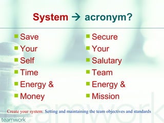 System  acronym?
    Save                                  Secure
    Your                                  Your
    Self                                  Salutary
    Time                                  Team
    Energy           &                    Energy          &
    Money                                 Mission

Create your system: Setting and maintaining the team objectives and standards
 