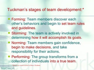 Tuckman’s stages of team development:*

   Forming: Team members discover each
    other’s behaviors and begin to set team rules
    and guidelines.
   Storming: The team is actively involved in
    determining how it will accomplish its goals.
   Norming: Team members gain confidence,
    begin to make decisions, and take
    responsibility for their actions.
   Performing: The group transforms from a
    collection of individuals into a true team.
    * Based on research done by Bruce Tuckman.
 