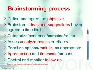 Brainstorming process
 Define and agree the objective.
 Brainstorm ideas and suggestions having
  agreed a time limit.
 Categorize/condense/combine/refine.
 Assess/analyze results or effects.
 Prioritize options/rank list as appropriate.
 Agree action and timescale/amount.
 Control and monitor follow-up.
    http://www.businessballs.com/brainstorming.htm
 
