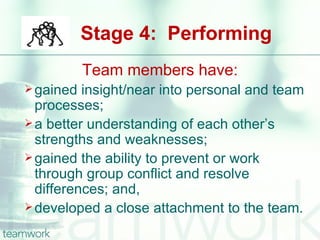 Stage 4: Performing
           Team members have:
 gained  insight/near into personal and team
  processes;
 a better understanding of each other’s
  strengths and weaknesses;
 gained the ability to prevent or work
  through group conflict and resolve
  differences; and,
 developed a close attachment to the team.
 