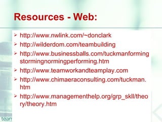 Resources - Web:
   http://www.nwlink.com/~donclark
   http://wilderdom.com/teambuilding
   http://www.businessballs.com/tuckmanforming
    stormingnormingperforming.htm
   http://www.teamworkandteamplay.com
   http://www.chimaeraconsulting.com/tuckman.
    htm
   http://www.managementhelp.org/grp_skll/theo
    ry/theory.htm
 