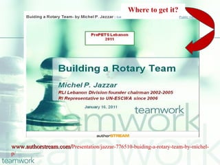 Where to get it?




www.authorstream.com/Presentation/jazzar-776510-buiding-a-rotary-team-by-michel-
p/
 