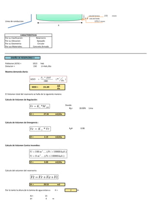 2.0
                                                                                                          cota del terreno   172   msnm
                                                                                                      0.3 cota de fondo
Línea de conduccion                                                                                                172.2 msnm
                                                                 4



                  CARACTERISTICAS
Por su Clasificacion:            Reservorio
Por su Ubicacion:                 Apoyado
Por su Geometria:                 Circular
Por sus Materiales:           Concreto Armado




      DISEÑO DE RESERVORIO 3

Poblacion (41%) =              1013       hab
Dotacion =                     150        Lt-Hab./dia

Maxima demanda diaria:

                                          P S * DOT                  3
                            MDD                            (m                 )
                                             1000                        día

                                                             m3
                              MDD =         151.89
                                                             dia

El Volumen total del reservorio se halla de la siguiente manera:

Calculo de Volumen de Regulación:


                            Vr  K 1 *M        DD
                                                                               Donde:
                                                                                  K1=         18.00%        Lima

                            Vr =             27.34          m3/dia


Calculo de Volumen de Emergencia :

                            Ve  K 2 * Vr                                          K2 =        0.08


                            Vi =             2.19           m3/dia


Calculo de Volumen Contra Incendios:

                            Vi  100 m 3  ( Ps  10000 hab.)
                            Vi  0 m 3  ( Ps  10000 hab.)

                            Vi =             0.00           m3/dia


Calculo del volumen del reservorio:


                             Vt  Vr  Ve  Vi
                            Vt =             29.53           m3

Por lo tanto la altura de la lamina de agua estara a        H=                      2     m

                            Ar=               15
                            d=                 4        m
 