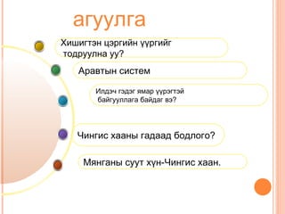 агуулга
Хишигтэн цэргийн үүргийг
тодруулна уу?
   Аравтын систем

       Илдэч гэдэг ямар үүрэгтэй
       байгууллага байдаг вэ?




   Чингис хааны гадаад бодлого?

    Мянганы суут хүн-Чингис хаан.
 