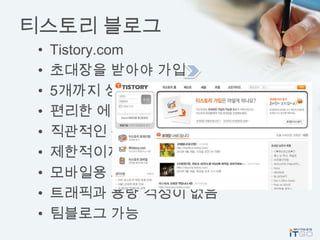 티스토리 블로그
 •   Tistory.com
 •   초대장을 받아야 가입
 •   5개까지 생성가능
 •   편리한 에디터
 •   직관적인 관리페이지
 •   제한적이지만 스킨수정이 가능
 •   모바일용 스킨 제공
 •   트래픽과 용량 걱정이 없음
 •   팀블로그 가능
 
