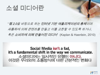 소셜 미디어란

“웹 2.0을 바탕으로 하는 인터넷 기반 애플리케이션의 총체이며
사용자에 의해 콘텐츠를 만들고 이를 교환할 수 있도록 하거나,
혹은 소비자에 의해 만들어진 미디어” (Kaplan & Haenlein, 2010)
 