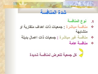 ‫شدة المنافسة‬
                               ‫نوع المنافسة‬   ‫1.‬
‫منافسة مباشرة : جمعيات ذات اهداف متقاربة او‬   ‫‪‬‬
                                    ‫متشابهة‬
 ‫منافسة غير مباشرة : جمعيات ذات اعمال بديلة‬   ‫‪‬‬
                                ‫منافسة عامة‬   ‫‪‬‬


      ‫كل جمعية تتعرض لمنافسة شديدة‬
 