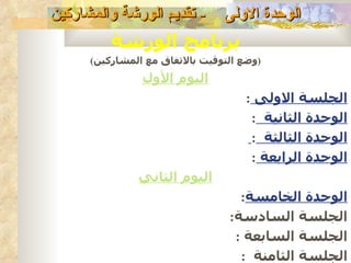 ‫- تقديم الورشة والمشاركين‬       ‫الوحدة الولى‬
          ‫برنامج الورشة‬
      ‫)وضع التوقيت بالتفاق مع المشاركين(‬
                ‫اليوم الول‬
                                     ‫الجلسة الولى :‬
                                      ‫الوحدة الثانية :‬
                                      ‫الوحدة الثالثة :‬
                                      ‫الوحدة الرابعة :‬
               ‫اليوم الثاني‬
                                   ‫الوحدة الخامسة:‬
                                 ‫الجلسة السادسة:‬
                                  ‫الجلسة السابعة :‬
                                   ‫الجلسة الثامنة :‬
 