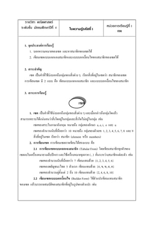 รายวิชา คณิตศาสตร์
 ระดับชั้น มัธยมศึกษาปีที่ 4                                          หน่วยการเรียนรู้ที่ 1
                                       ใบความรู้รหัสที่ 1                    ๶ซต


   1. จุดประสงค์การเรียนรู้
       1. บอกความหมายของ๶ซต และหาสมาชิกของ๶ซตได้
       2. เขียน๶ซตแบบแจกแจงสมาชิกและแบบบอกเงื่อนไขของสมาชิกของ๶ซตได้

   2. สาระสาคัญ
       ๶ซต เป็นคาที่ใช้บ่งบอกถึงกลุ่มของสิ่งต่าง ๆ เรียกสิ่งที่อยู่ใน๶ซตว่า สมาชิกของ๶ซต
   การเขียน๶ซต มี 2 แบบ คือ เขียนแบบแจกแจงสมาชิก และแบบบอกเงื่อนไขของสมาชิก

   3. สาระการเรียนรู้

                                               ๶ซต
       1. ๶ซต เป็นคาที่ใช้บ่งบอกถึงกลุ่มของสิ่งต่าง ๆ และเมื่อกล่าวถึงกลุ่มใดแล้ว
 สามารถทราบได้แน่นอนว่าสิ่งใดอยู่ในกลุ่มและสิ่งใดไม่อยู่ในกลุ่ม เช่น
          ๶ซตของสระในภาษาอังกฤษ หมายถึง กลุ่มของอักษร a, e, i, o และ u
          ๶ซตของจานวนนับที่น้อยกว่า 10 หมายถึง กลุ่มของตัวเลข 1, 2, 3, 4, 5, 6, 7, 8 และ 9
          สิ่งที่อยู่ใน๶ซต เรียกว่า สมาชิก (element หรือ members)
       2. การเขียน๶ซต การเขียน๶ซตอาจเขียนได้สองแบบ คือ
          2.1 การเขียน๶ซตแบบแจกแจงสมาชิก (Tabular From) โดยเขียนสมาชิกทุกตัวของ
๶ซตลงในเครื่องหมายวงเล็บปีกกา และใช้เครื่องหมายจุลภาค ( , ) คั่นระหว่างสมาชิกแต่ละตัว เช่น
                 ๶ซตของจานวนนับที่น้อยกว่า 7 เขียนแทนด้วย {1, 2, 3, 4, 5, 6}
                 ๶ซตของพยัญชนะไทย 5 ตัวแรก เขียนแทนด้วย {ก, ข, ฃ, ค, ฅ}
                 ๶ซตของจานวนคู่ตั้งแต่ 2 ถึง 10 เขียนแทนด้วย {2, 4, 6, 8, 10}
          2.2 เขียน๶ซตแบบบอกเงื่อนไข (Builder Form) ใช้ตัวแปรเขียนแทนสมาชิก
ของ๶ซต แล้วบรรยายสมบัติของสมาชิกที่อยู่ในรูปของตัวแปร เช่น
 