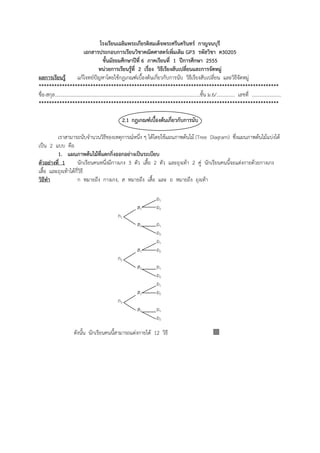 1

                                              โรงเรียนเฉลิมพระเกียรติสมเด็จพระศรีนครินทร์ กาญจนบุรี
                                 เอกสารประกอบการเรียนวิชาคณิตศาสตร์เพิ่มเติม GP3 รหัสวิชา ค30205
                                                ชั้นมัธยมศึกษาปีที่ 6 ภาคเรียนที่ 1 ปีการศึกษา 2555
                                             หน่วยการเรียนรู้ที่ 2 เรื่อง วิธีเรียงสับเปลี่ยนและการจัดหมู่
ผลการเรียนรู้              แก้โจทย์ปัญหาโดยใช้กฎเกณฑ์เบื้องต้นเกี่ยวกับการนับ วิธีเรียงสับเปลี่ยน และวิธีจัดหมู่
*********************************************************************************************
ชื่อ-สกุล.......................................................................................................................ชั้น ม.6/............... เลขที่ ........................
*********************************************************************************************

                                                               2.1 กฎเกณฑ์เบื้องต้นเกี่ยวกับการนับ

         เราสามารถนับจานวนวิธีของเหตุการณ์หนึ่ง ๆ ได้โดยใช้แผนภาพต้นไม้ (Tree Diagram) ซึ่งแผนภาพต้นไม้แบ่งได้
เป็น 2 แบบ คือ
         1. แผนภาพต้นไม้ที่แตกกิ่งออกอย่างเป็นระเบียบ
ตัวอย่างที่ 1       นักเรียนคนหนึ่งมีกางเกง 3 ตัว เสื้อ 2 ตัว และถุงเท้า 2 คู่ นักเรียนคนนี้จะแต่งกายด้วยกางเกง
เสื้อ และถุงเท้าได้กี่วิธี
วิธีทา              ก หมายถึง กางเกง, ส หมายถึง เสื้อ และ ถ หมายถึง ถุงเท้า

                                                                                         ถ1
                                                                          ส1             ถ2
                                                            ก1
                                                                          ส2             ถ1
                                                                                         ถ2
                                                                                         ถ1
                                                                          ส1             ถ2
                                                            ก2
                                                                          ส2             ถ1
                                                                                         ถ2
                                                                                         ถ1
                                                                          ส1             ถ2
                                                            ก3
                                                                          ส2             ถ1
                                                                                         ถ2
                          ดังนั้น นักเรียนคนนี้สามารถแต่งกายได้ 12 วิธี                                                             
 