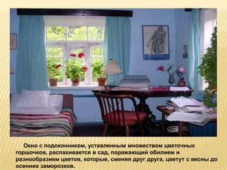 Окно с подоконником, уставленным множеством цветочных
горшочков, распахивается в сад, поражающий обилием и
разнообразием цветов, которые, сменяя друг друга, цветут с весны до
осенних заморозков.
 