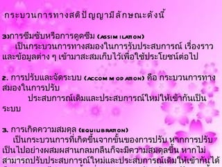 กระบวนการทางสติ ป ั ญ ญามี ล ั ก ษณะดั ง นี ้

3)การซึมซับหรือการดูดซึม (assim ilation)
   เป็นกระบวนการทางสมองในการรับประสบการณ์ เรื่องราว
และข้อมูลต่าง ๆ เข้ามาสะสมเก็บไว้เพือใช้ประโยชน์ต่อไป
                                    ่

2. การปรับและจัดระบบ (accom m od ation) คือ กระบวนการทาง
สมองในการปรับ
       ประสบการณ์เดิมและประสบการณ์ใหม่ให้เข้ากันเป็น
ระบบ

3. การเกิดความสมดุล (equilibration)
    เป็นกระบวนการที่เกิดขึ้นจากขั้นของการปรับ หากการปรับ
เป็นไปอย่างผสมผสานกลมกลืนก็จะมีความสมดุลขึ้น หากไม่
สามารถปรับประสบการณ์ใหม่และประสบการณ์เดิมให้เข้ากันได้
 