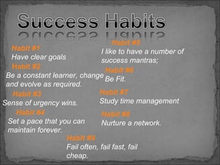 Habit #5
  Habit #1                     I like to have a number of
  Have clear goals             success mantras;
   Habit #2                      Habit #6
 Be a constant learner, change Be Fit.
 and evolve as required.
   Habit #3                   Habit #7
Sense of urgency wins.        Study time management
    Habit #4                   Habit #8
 Set a pace that you can       Nurture a network.
 maintain forever.
                   Habit #9
                   Fail often, fail fast, fail
                   cheap.
 