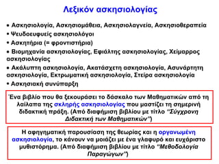 Λεξικόν ασκησιολογίας
• Ασκησιολογία, Ασκησιομάθεια, Ασκησιολαγνεία, Ασκησιοθεραπεία
• Ψευδοευφυείς ασκησιολόγοι
• Ασκητήρια (= φροντιστήρια)
• Βιομηχανία ασκησιολογίας, Εφιάλτης ασκησιολογίας, Χείμαρρος
ασκησιολογίας
• Ακάλυπτη ασκησιολογία, Ακατάσχετη ασκησιολογία, Ασυνάρτητη
ασκησιολογία, Εκτρωματική ασκησιολογία, Στείρα ασκησιολογία
• Ασκησιακή συνύπαρξη

Ένα βιβλίο που θα ξεκουράσει το δάσκαλο των Μαθηματικών από τη
  λαίλαπα της σκληρής ασκησιολογίας που μαστίζει τη σημερινή
   διδακτική πράξη. (Από διαφήμιση βιβλίου με τίτλο “Σύγχρονη
                  Διδακτική των Μαθηματικών”)

    Η αφηγηματική παρουσίαση της θεωρίας και η οργανωμένη
 ασκησιολογία, το κάνουν να μοιάζει με ένα γλαφυρό και ευχάριστο
   μυθιστόρημα. (Από διαφήμιση βιβλίου με τίτλο “Μεθοδολογία
                         Παραγώγων”)
 