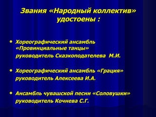 Звания «Народный коллектив»
              удостоены :


   Хореографический ансамбль
    «Провинциальные танцы»
    руководитель Сказкоподателева М.И.

   Хореографический ансамбль «Грация»
    руководитель Алексеева И.А.

   Ансамбль чувашской песни «Соловушки»
    руководитель Кочнева С.Г.
 