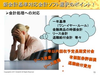 新会計基準対応会計ソフト選択のポイント！
  会計処理への対応

                                                一年基準
                                                  （ワン・イヤー・ルール）
                                                金融商品の時価会計
                                                リース会計
                                                退職給付会計 等々




Copyright(C) 2011 GodaiOA All Rights Reserved                    15
 