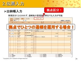 2.伝票入力
 出納帳入力                                         拠点区分！
         事業区分にとらわれず、通帳毎や管理区分単位でも入力が可能




Copyright(C) 2011 GodaiOA All Rights Reserved           24
 